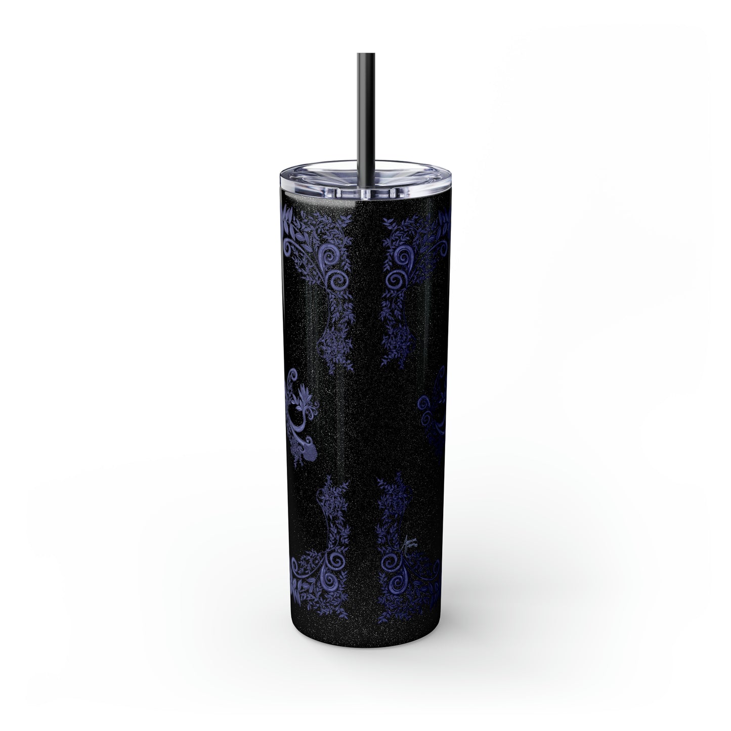 Midnight Botanical Blues - Skinny Tumbler with Straw, 20oz