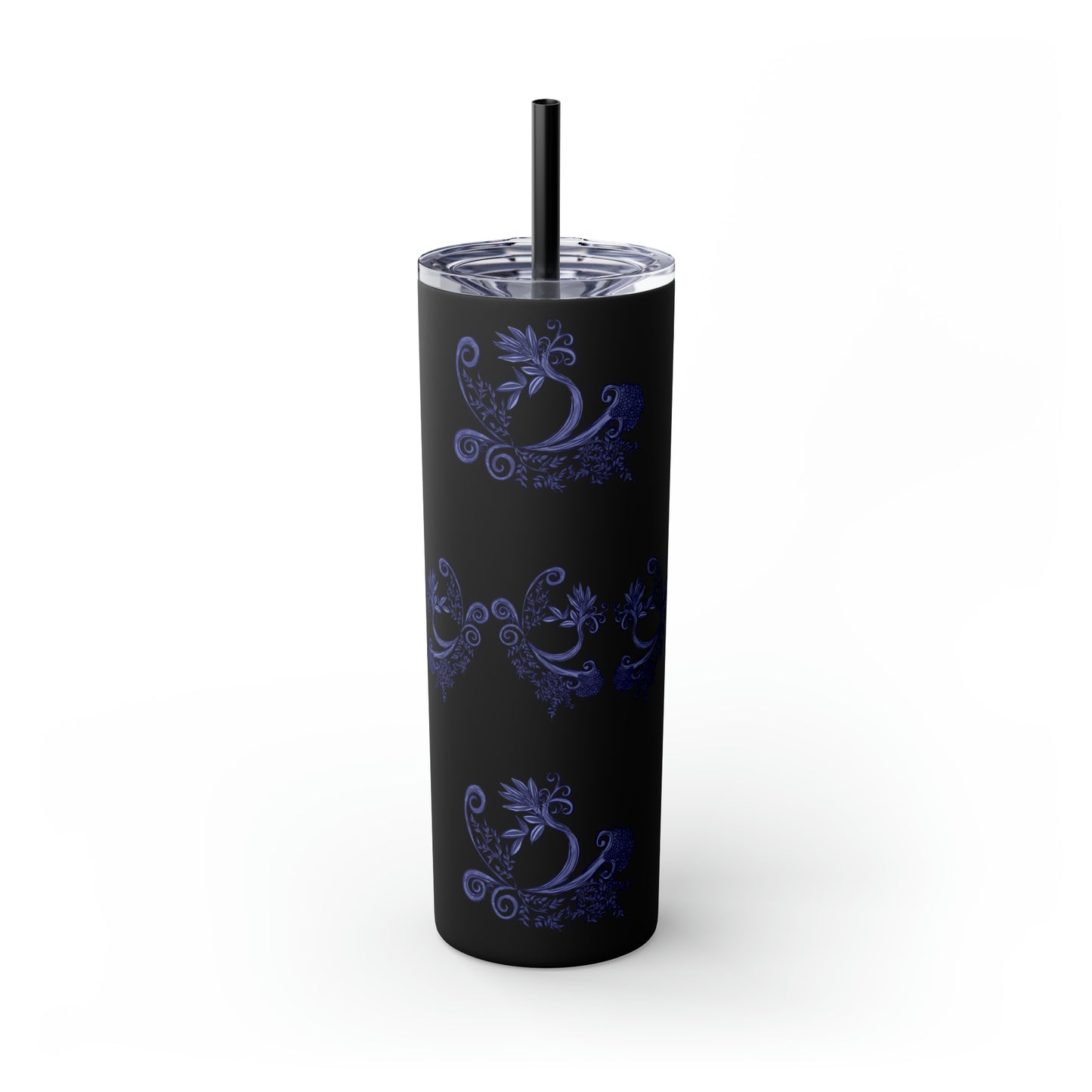 Midnight Botanical Blues - Skinny Tumbler with Straw, 20oz