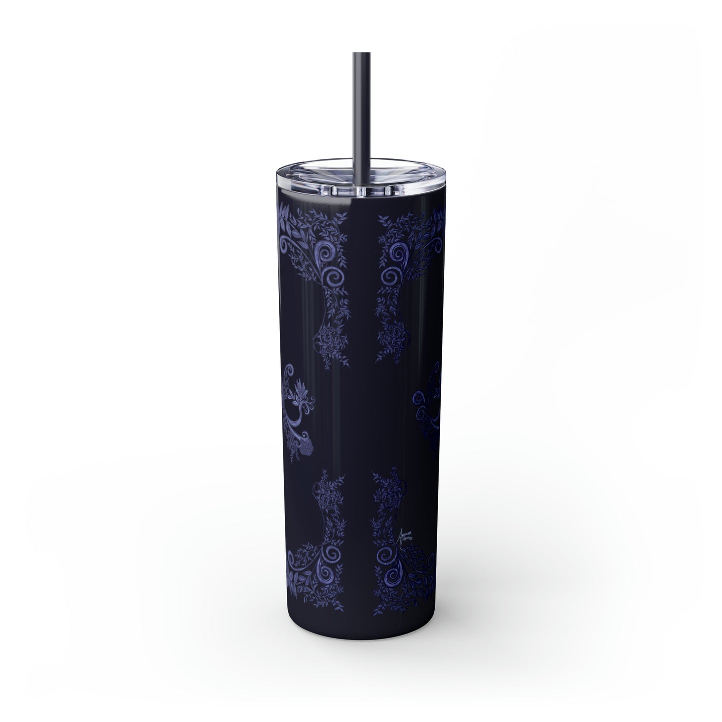 Midnight Botanical Blues - Skinny Tumbler with Straw, 20oz