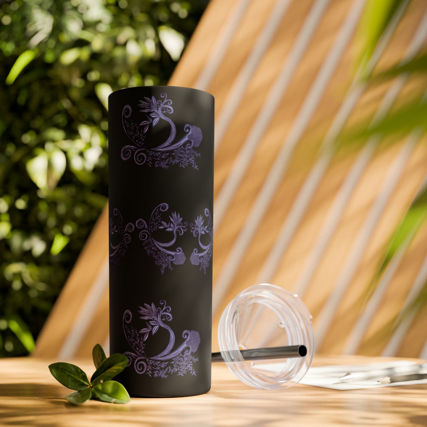 Midnight Botanical Blues - Skinny Tumbler with Straw, 20oz