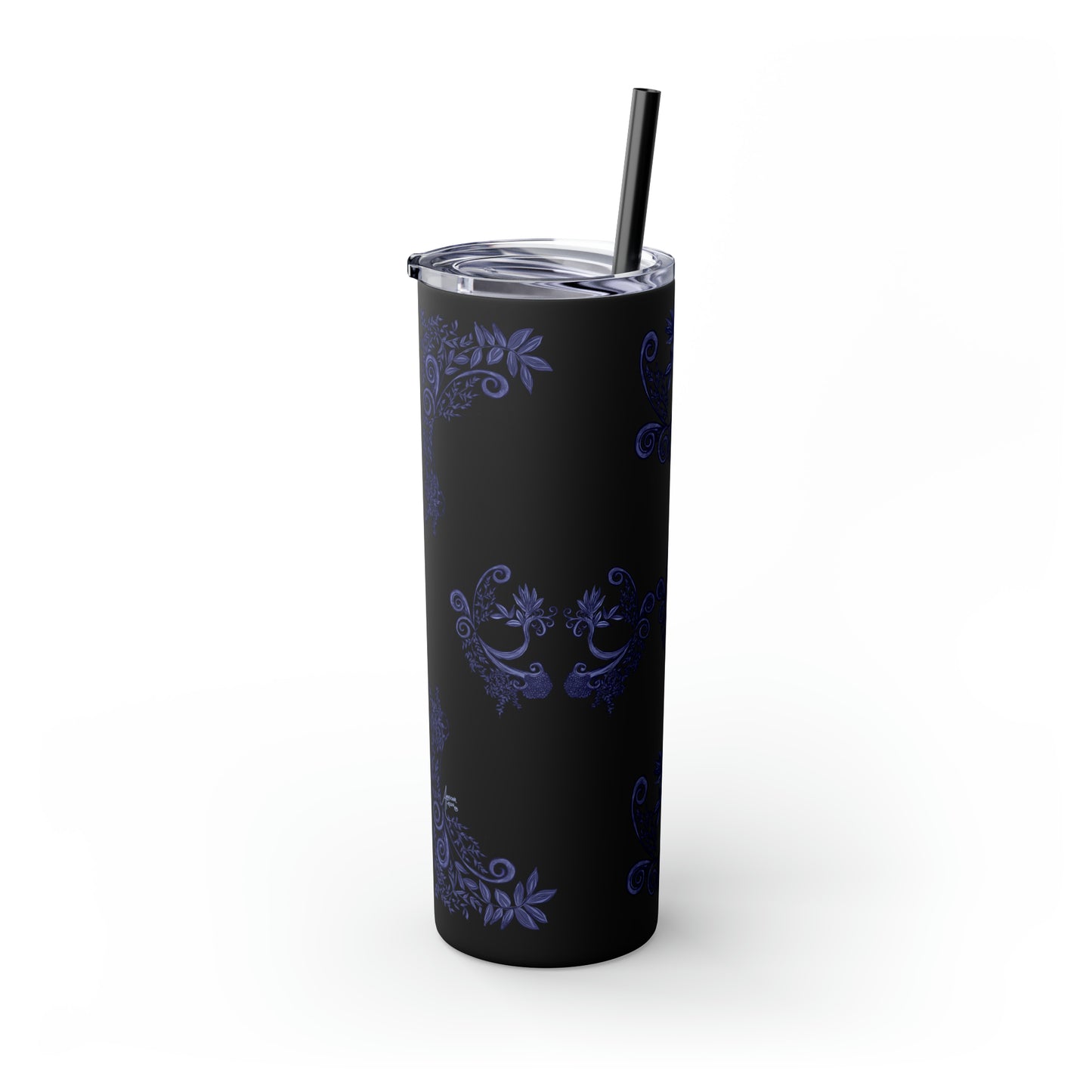 Midnight Botanical Blues - Skinny Tumbler with Straw, 20oz