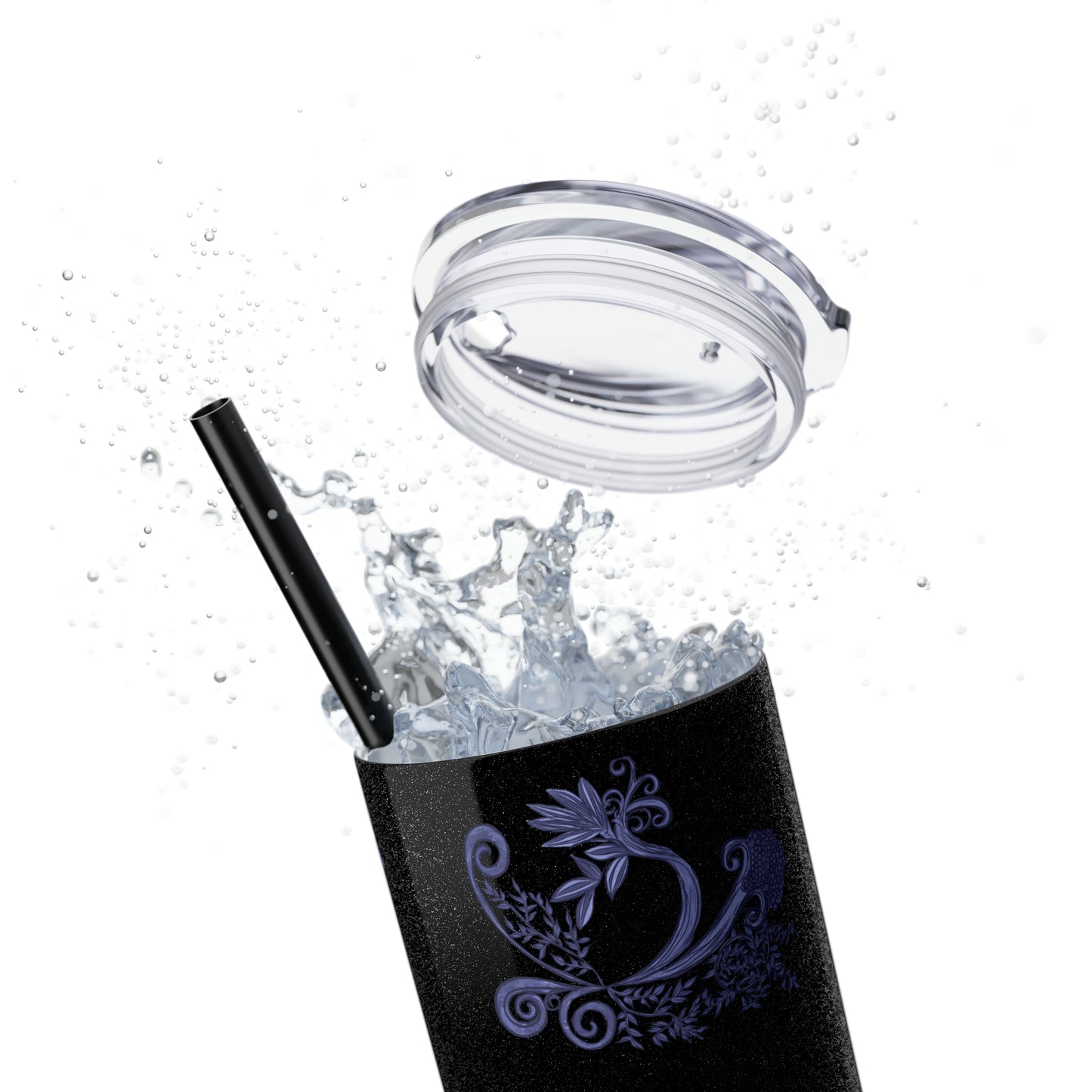 Midnight Botanical Blues - Skinny Tumbler with Straw, 20oz