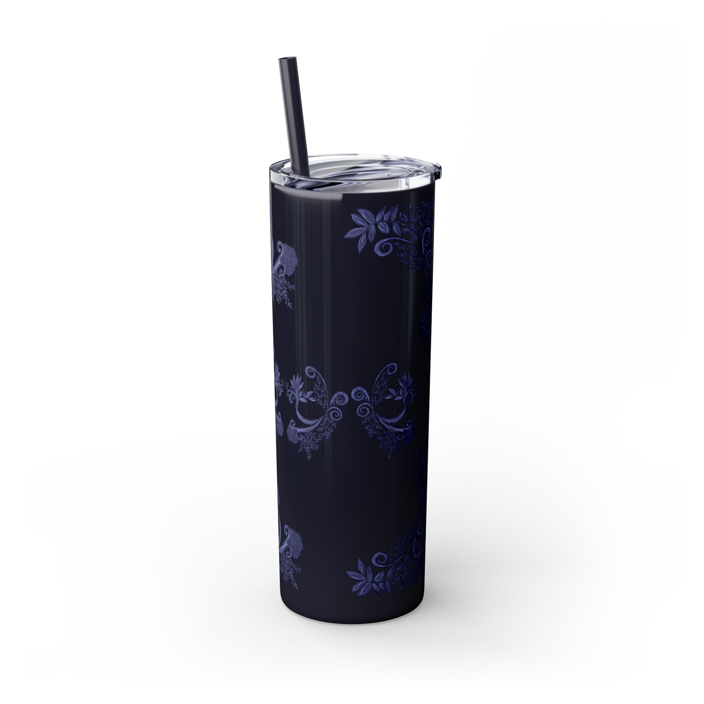 Midnight Botanical Blues - Skinny Tumbler with Straw, 20oz