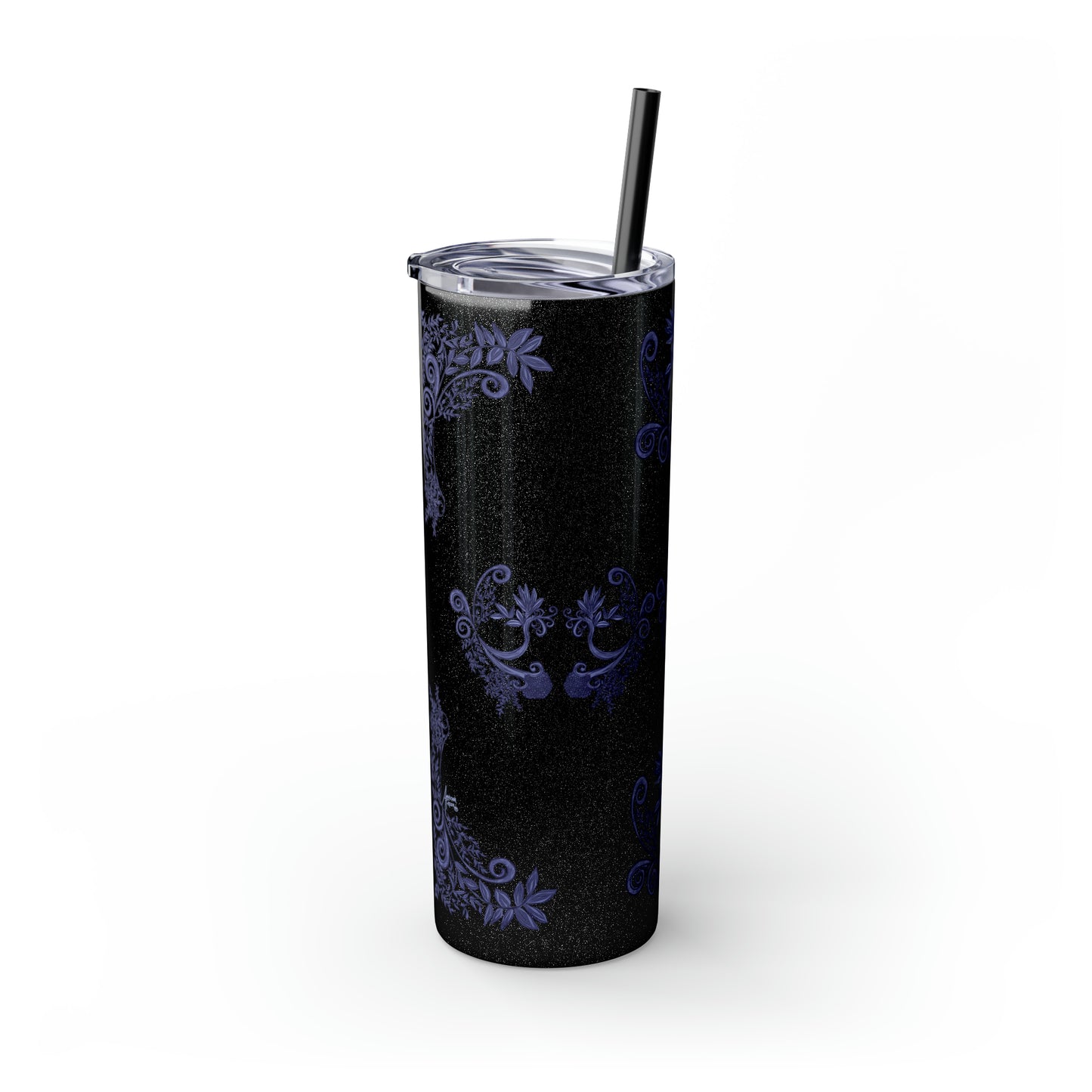 Midnight Botanical Blues - Skinny Tumbler with Straw, 20oz