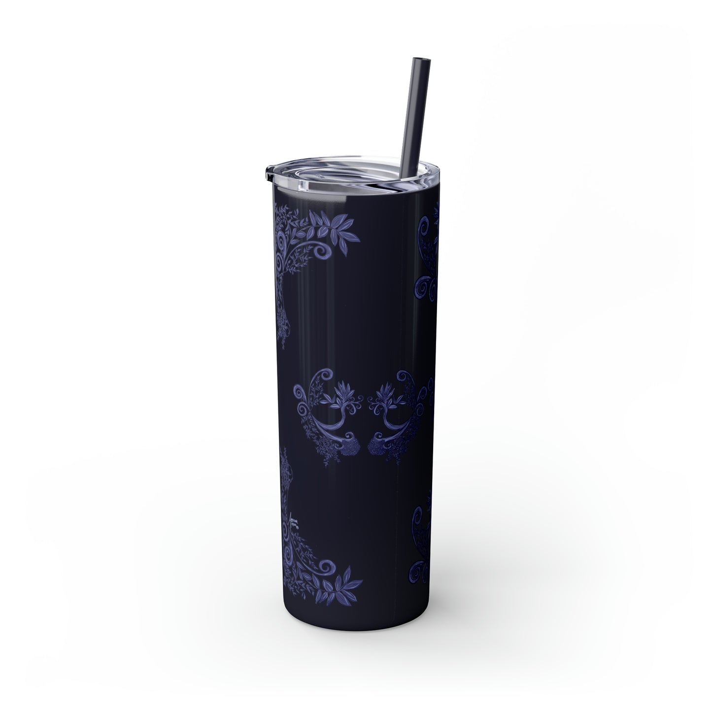 Midnight Botanical Blues - Skinny Tumbler with Straw, 20oz