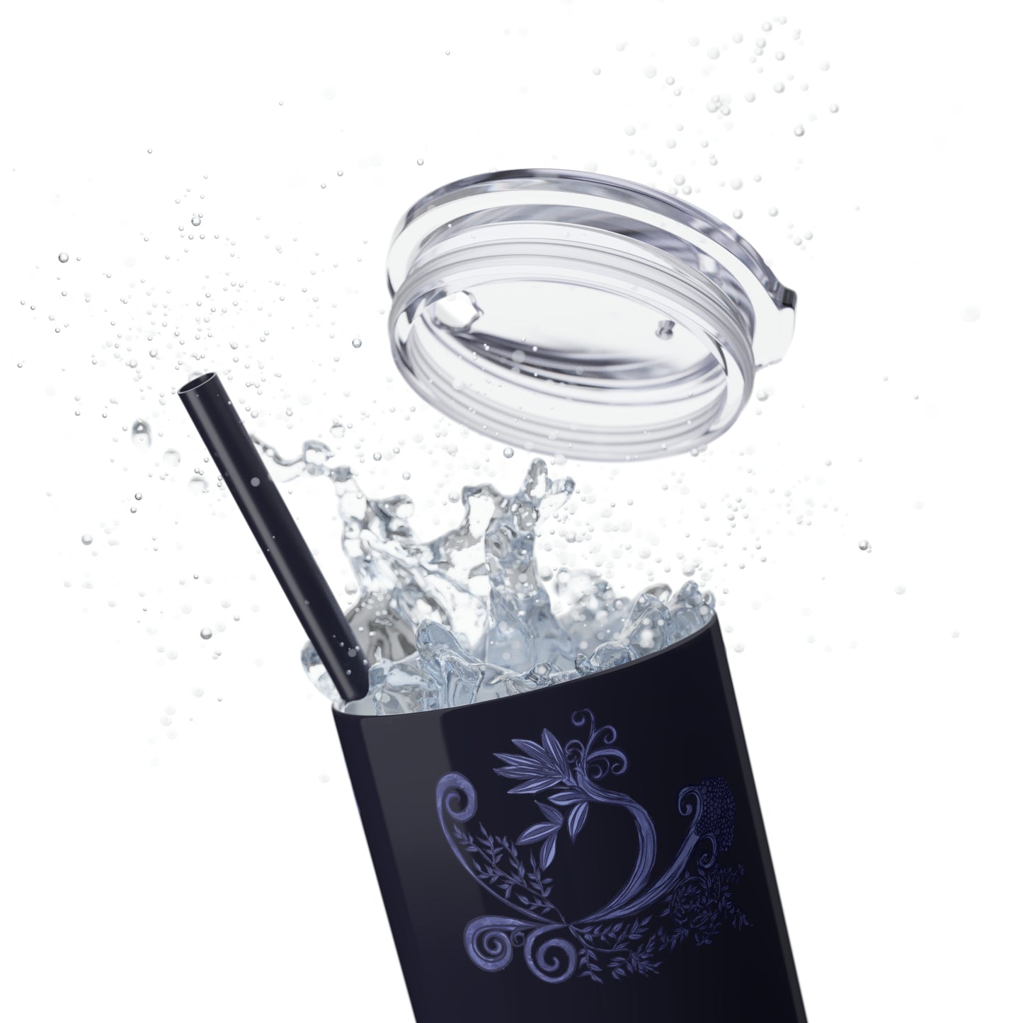 Midnight Botanical Blues - Skinny Tumbler with Straw, 20oz