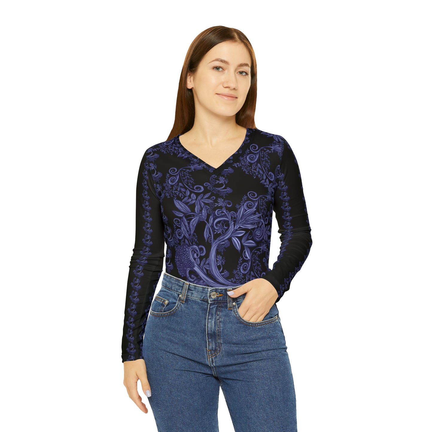 Midnight Botanical Blues Women's Long Sleeve V-neck Shirt