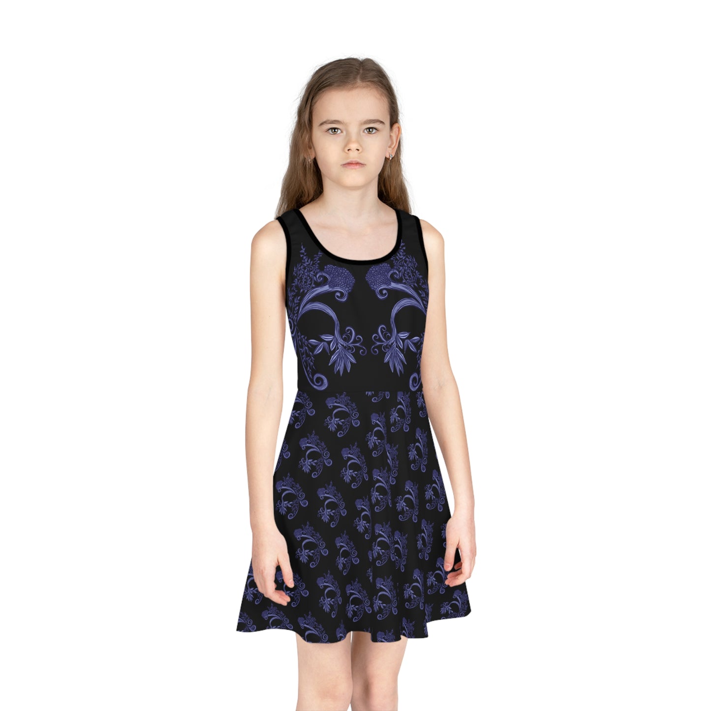 Midnight Botanical Blues Girls' Sleeveless Sundress