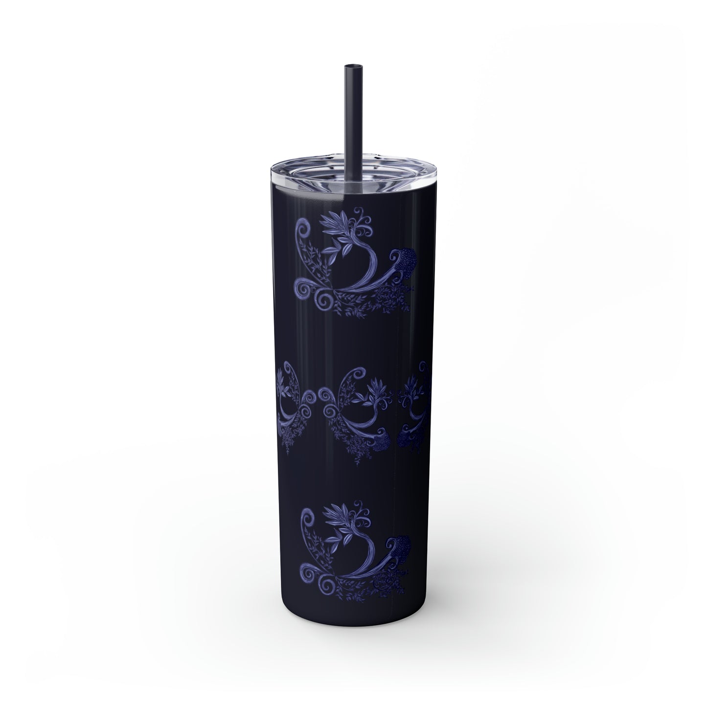 Midnight Botanical Blues - Skinny Tumbler with Straw, 20oz