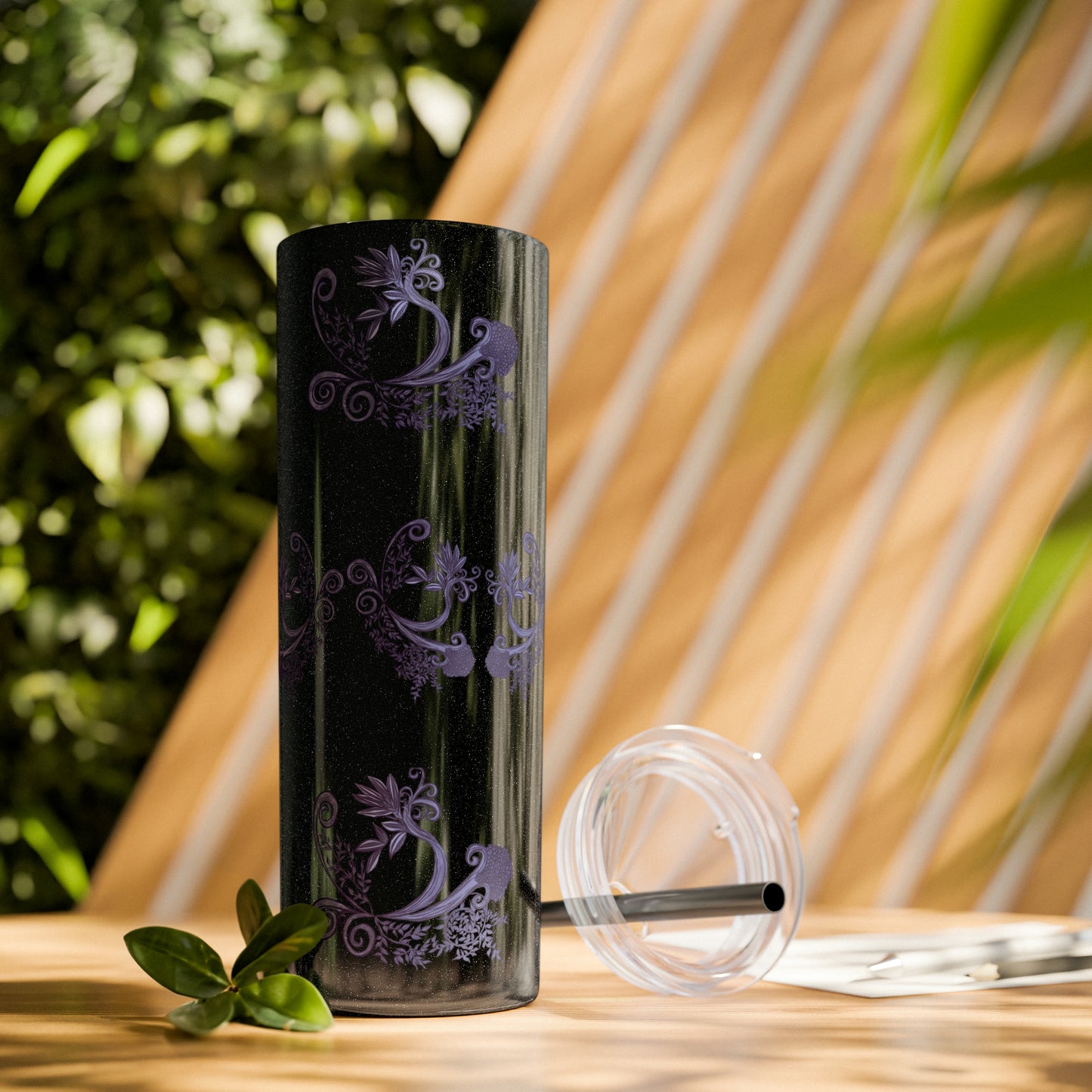 Midnight Botanical Blues - Skinny Tumbler with Straw, 20oz