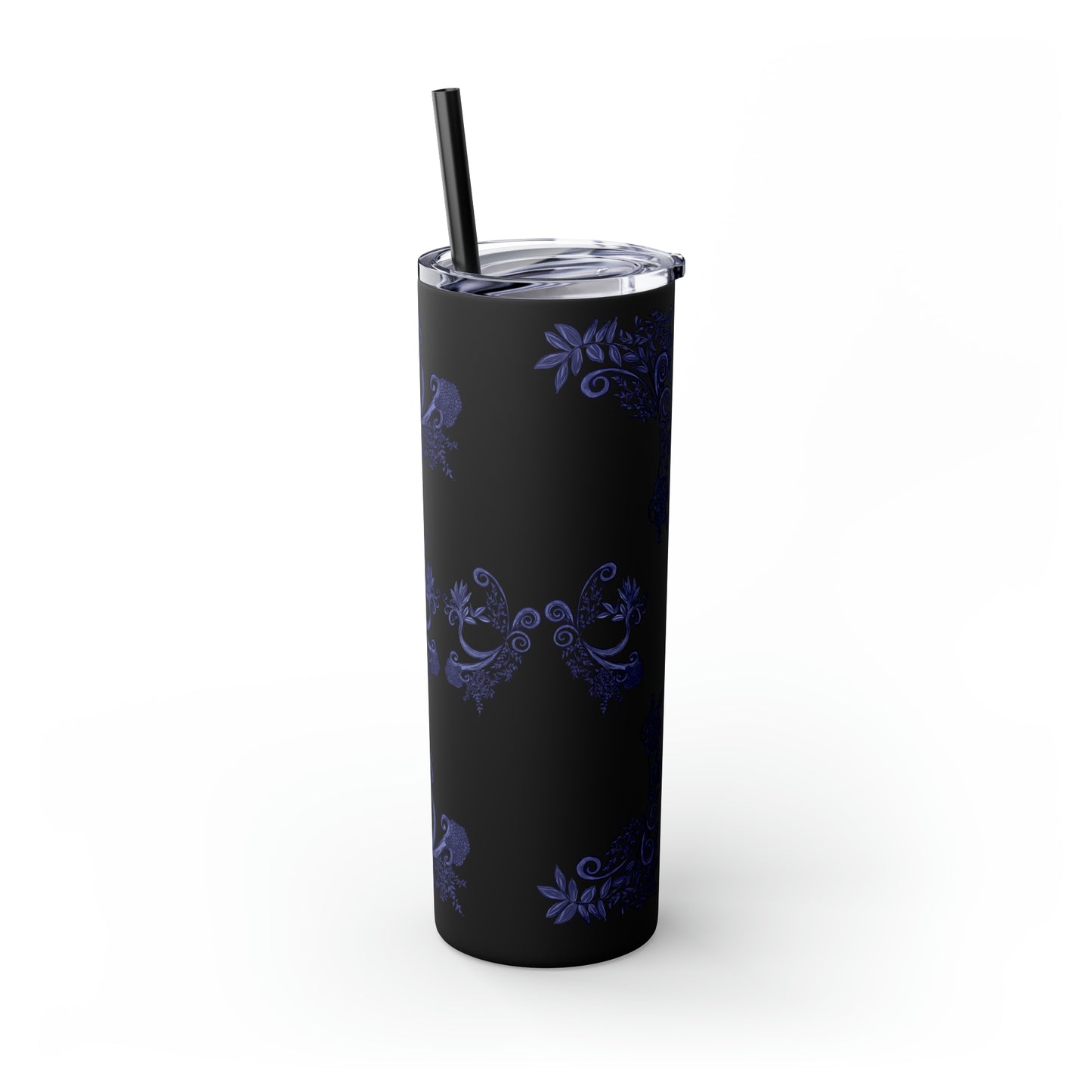 Midnight Botanical Blues - Skinny Tumbler with Straw, 20oz