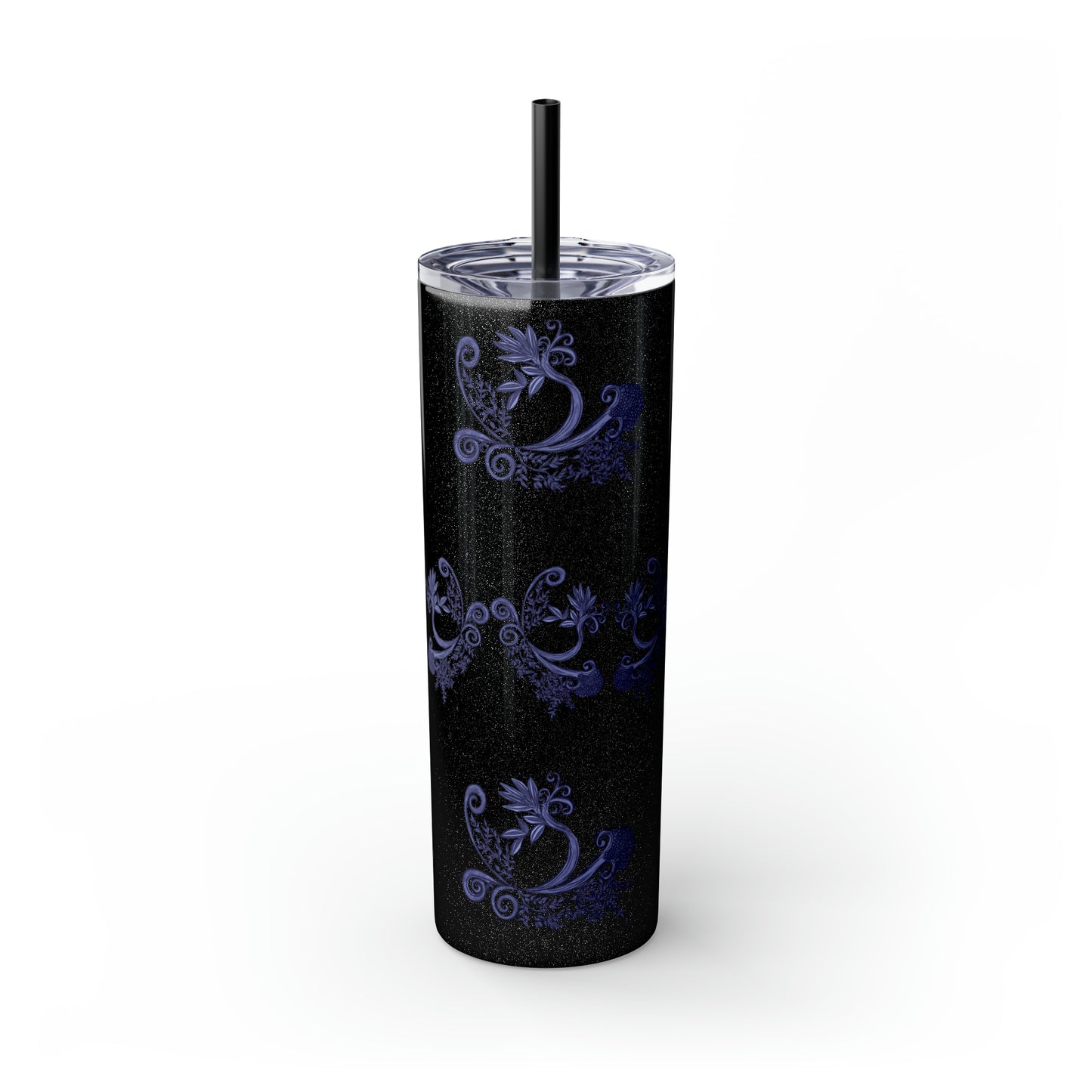 Midnight Botanical Blues - Skinny Tumbler with Straw, 20oz